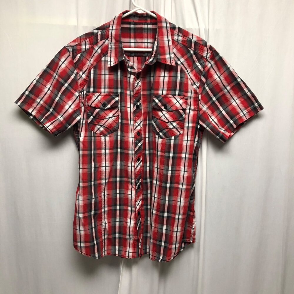 Western Red Black Plaid Shirt Mens Size XXL Short Sleeve Button Up Casual